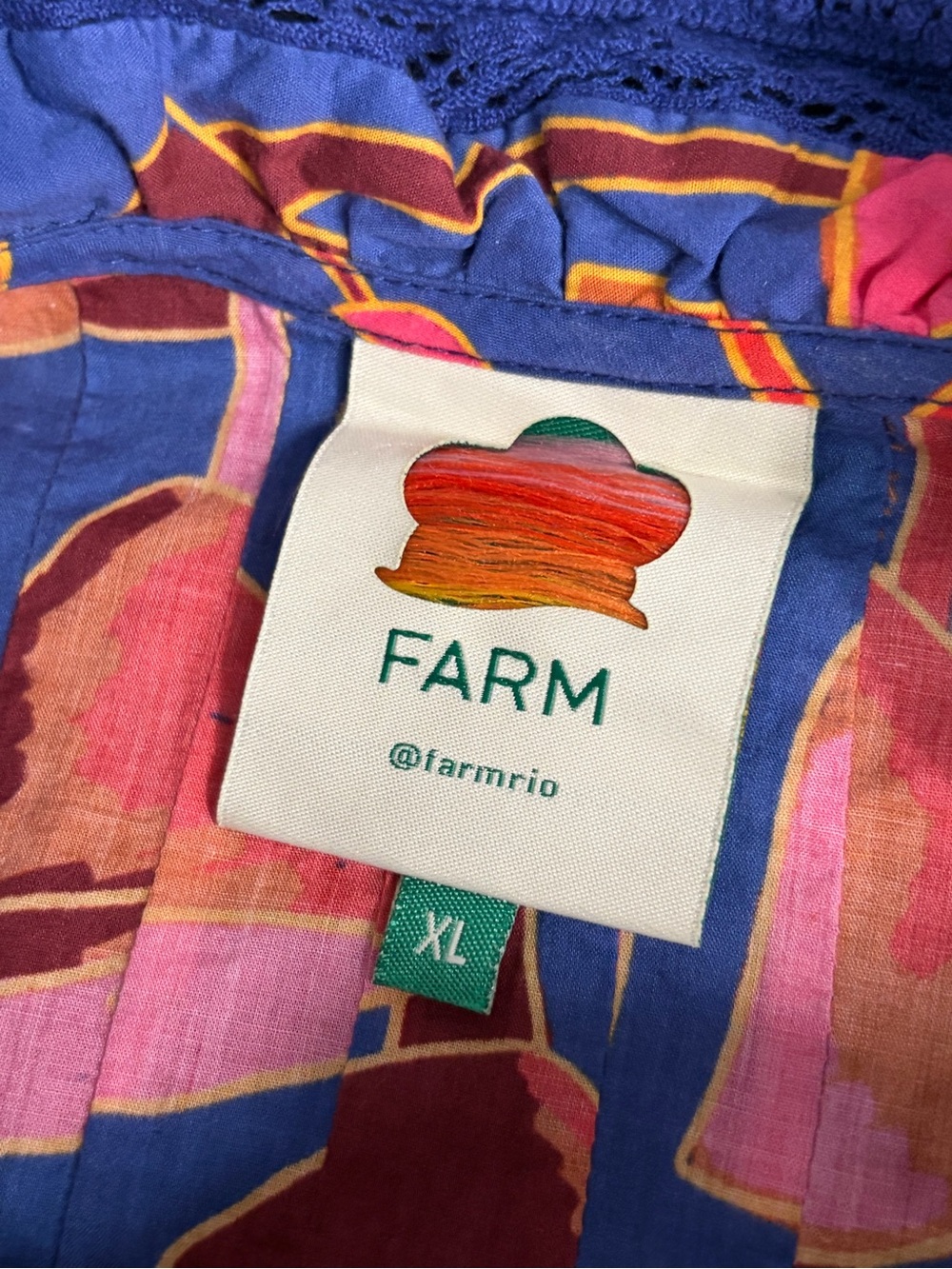 Farm Rio bohemian boho bright blue mushroom sketch button ruffle blouse size xl - Picture 3 of 15